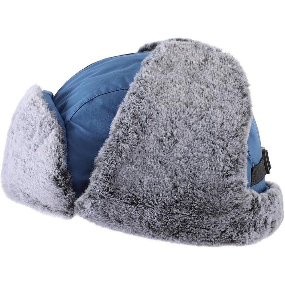 Men Blue Trapper Hat with Face Mask Faux Fur Winter Trooper Hunting Hat - Picture 3 of 9